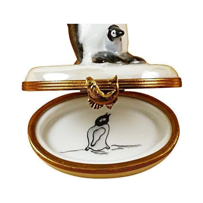 Artisan-painted Penguin with Baby for New Parents Limoges box from France, a cherished collectible