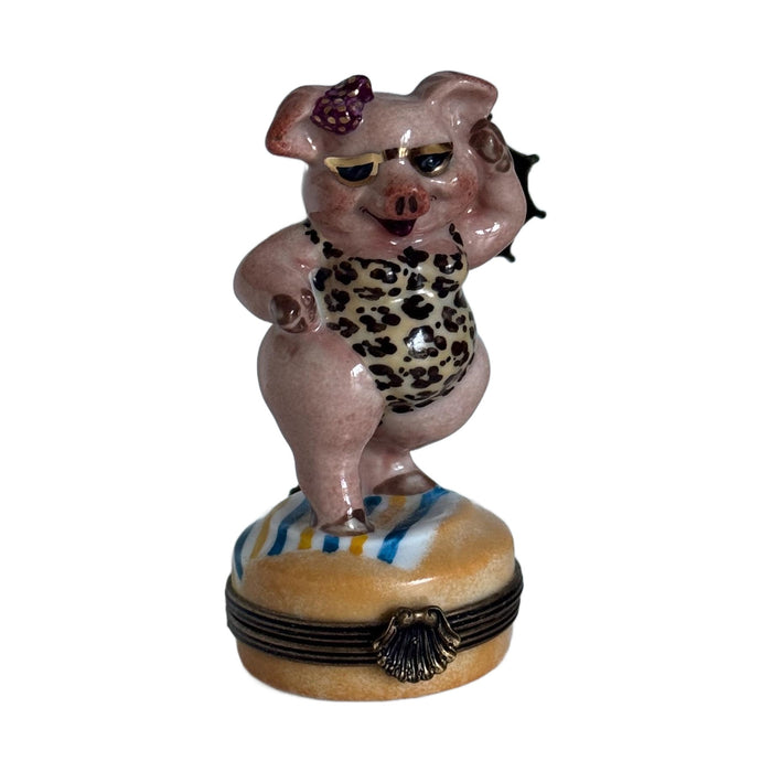 Pig in leopard bathing suit Limoges box - white background