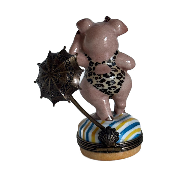 Pig in leopard bathing suit Limoges box - white background