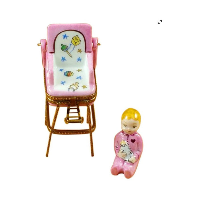Painted details on the Baby in Pink Highchair for New Mothers Limoges box, French art in miniature