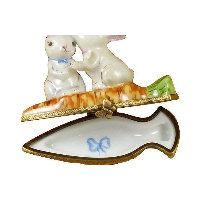 Treasured French collectible: Rabbits Snuggling Carrot Limoges box, painted by hand