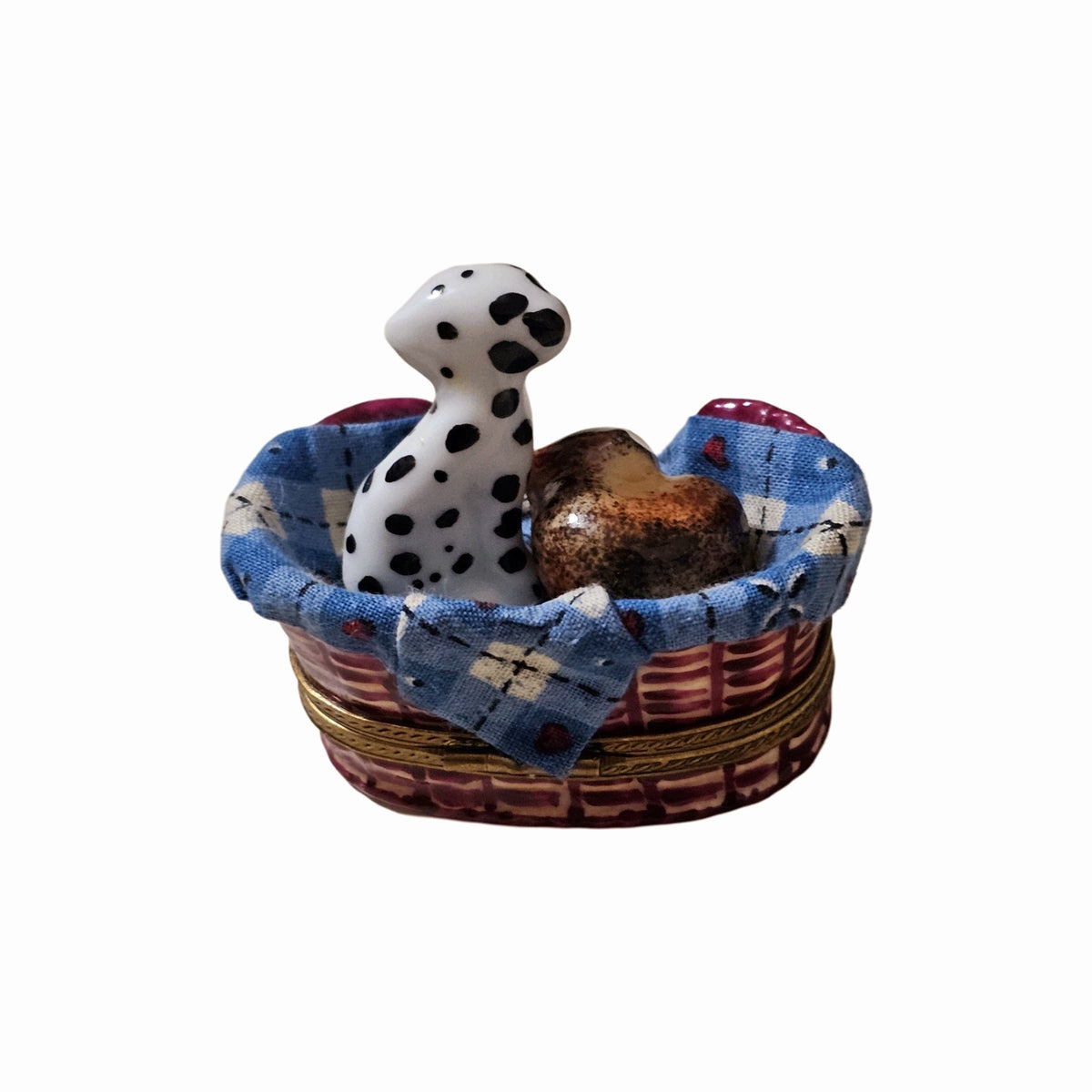 Dalmatian Dog w Cat in Basket w Trinkets Authentic Limoges Box