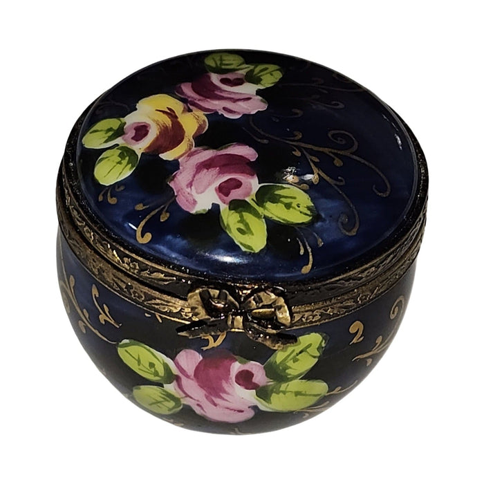 Painted details on the Cobalt Blue Round with Roses Limoges box, French art in miniature