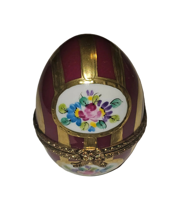 Maroon and Gold Striped Egg with Flowers | Limoges Box
