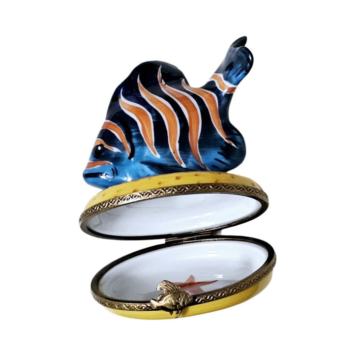 The painter's artistry shows on this Blue Fish Orange Stripe Limoges box