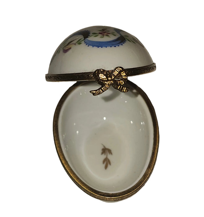 White Egg Blue Ribbon w Light Flowers Limoges Porcelain Box