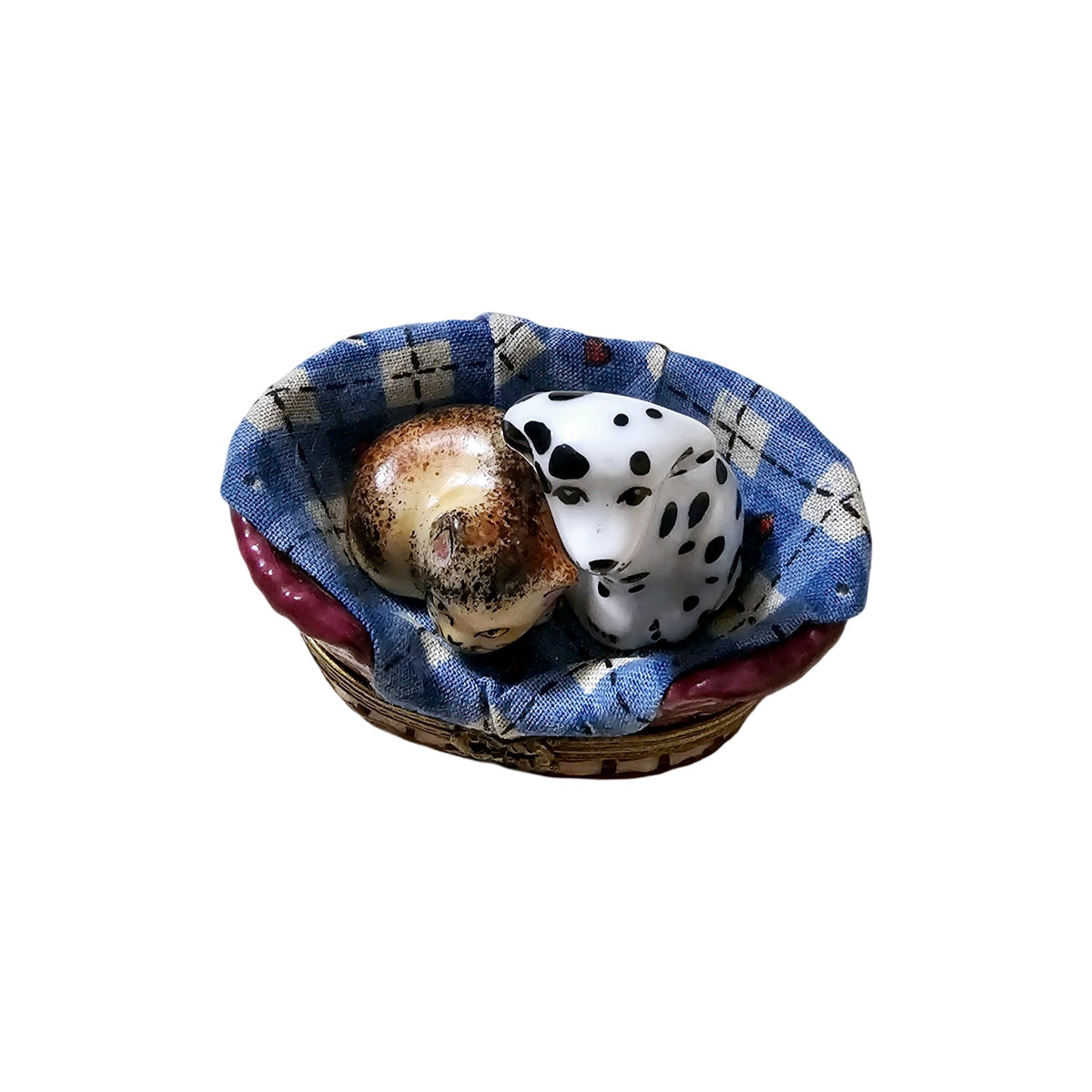 Dalmatian Dog w Cat in Basket w Trinkets Authentic Limoges Box