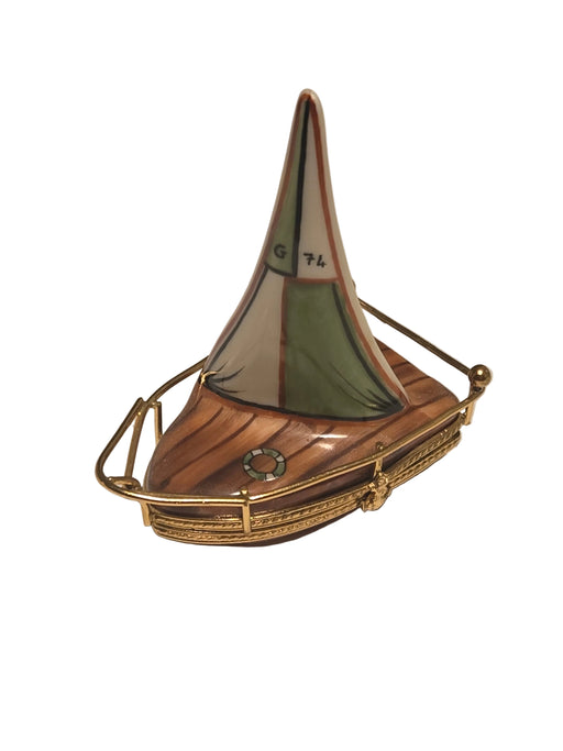 Brown Sailboat w Brass Limoges Box Hand-Painted Limoges Box Authentic Limoges Box