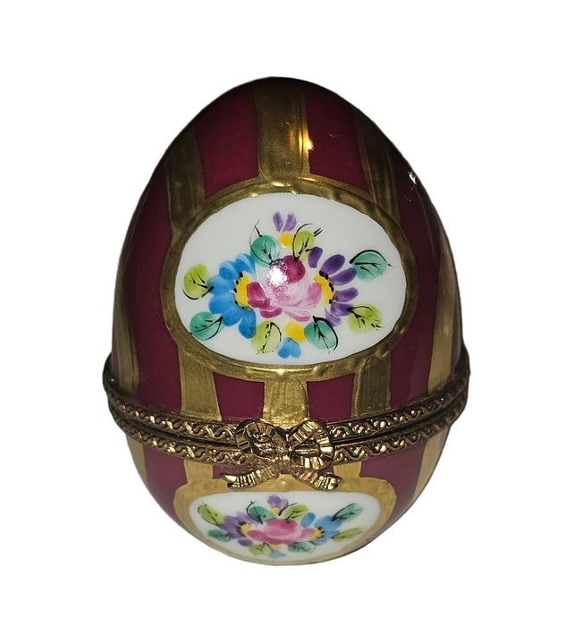 Maroon and Gold Striped Egg with Flowers | Limoges Box