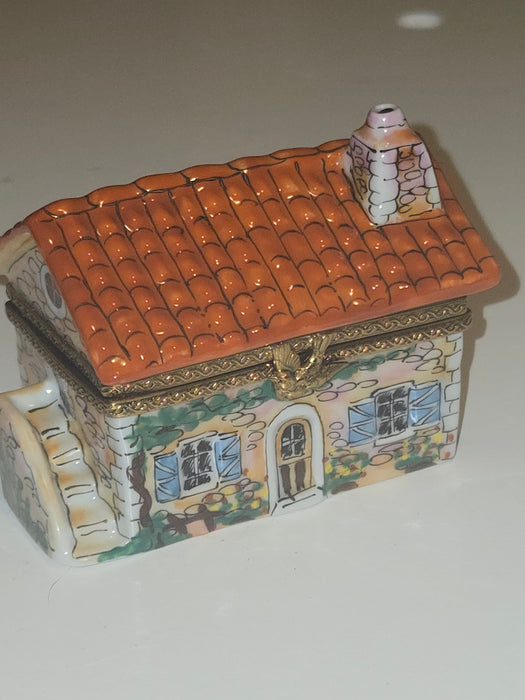 Beige House w Red Roof Limoges Box Cottage Home Gift )