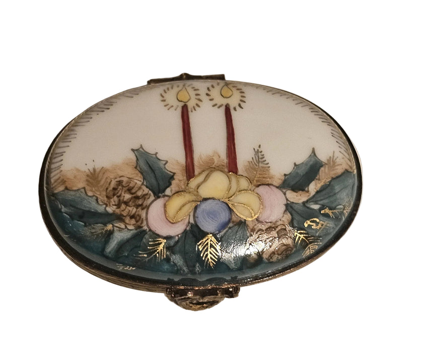 Christmas Oval Candles w Holly Limoges Box