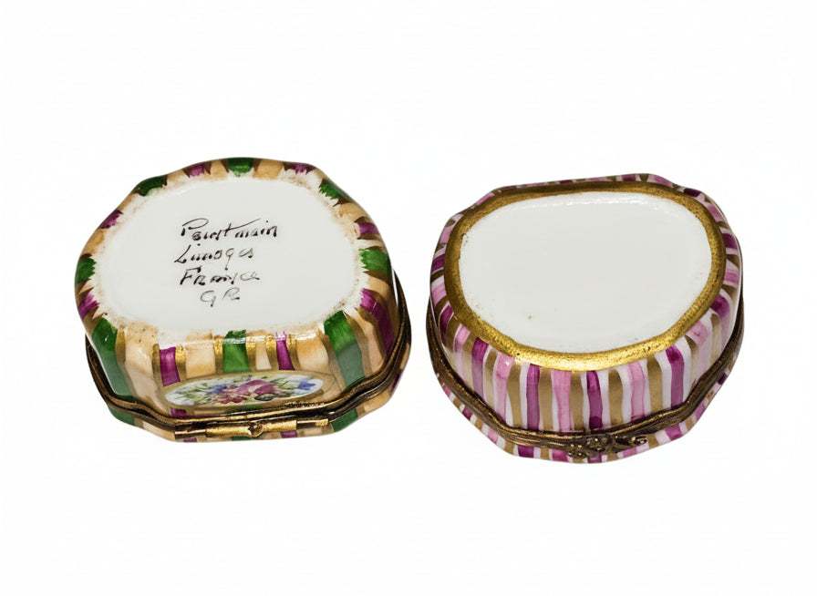 Pink Striped w Roses Limoges Box - Not Signed Made by GR