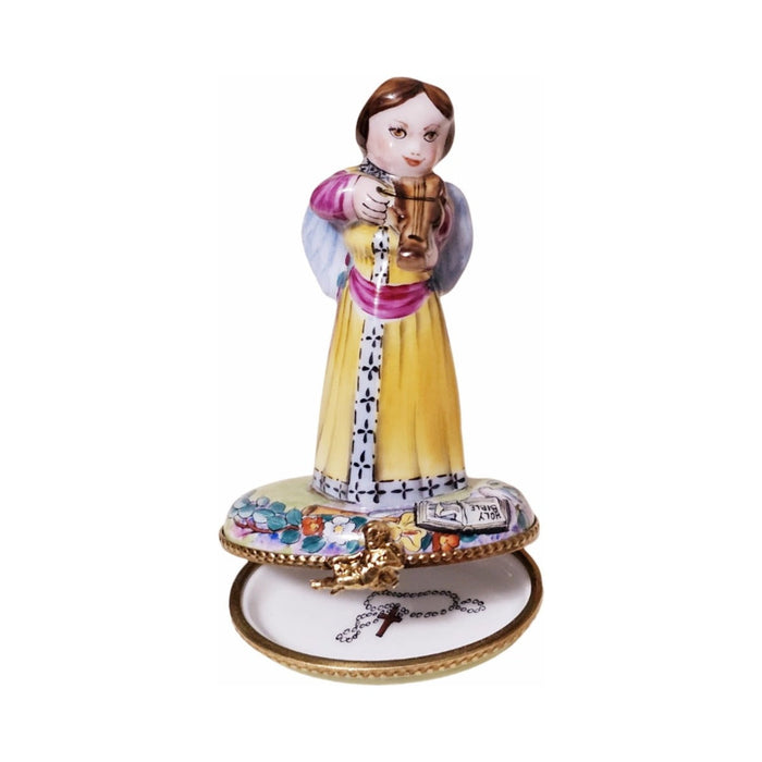 Artisan-painted Angel Violin Bible Limoges box from France, a cherished collectible