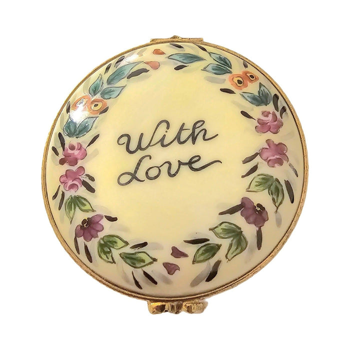 Every brushstroke by hand on the With Love Round Limoges box from France