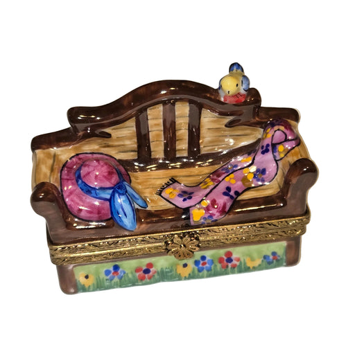 Lyutens Garden Bench Pink Hat w Bird Authentic Limoges Box