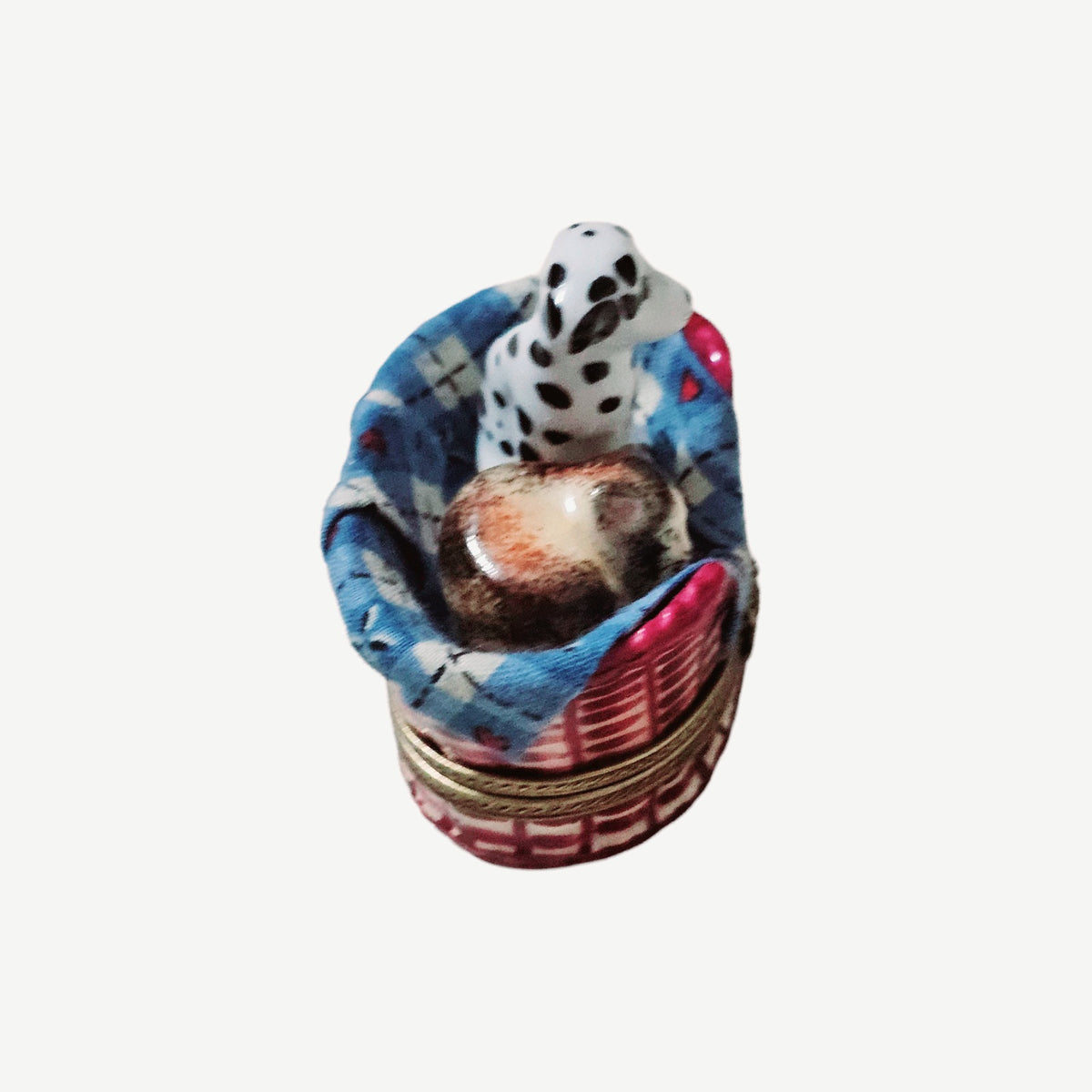 Dalmatian Dog w Cat in Basket w Trinkets Authentic Limoges Box