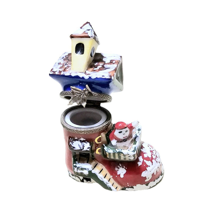 Collectible Santa Workshop Boot Limoges box with artisan brushwork