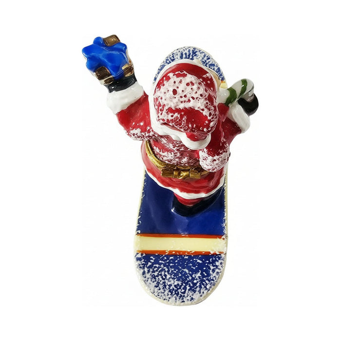 Fine art lovers will admire this Santa on Snowboard Limoges box
