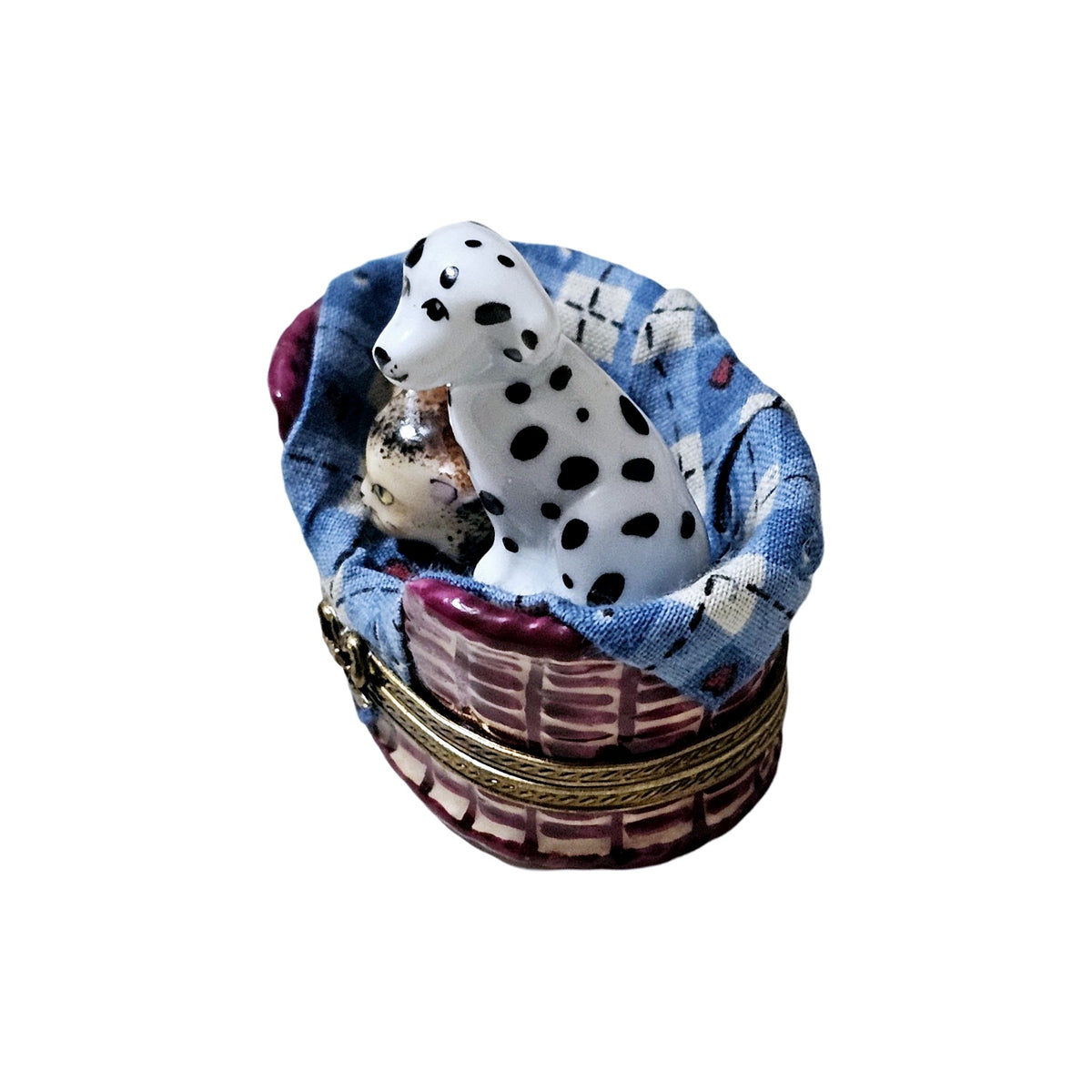 Dalmatian Dog w Cat in Basket w Trinkets Authentic Limoges Box