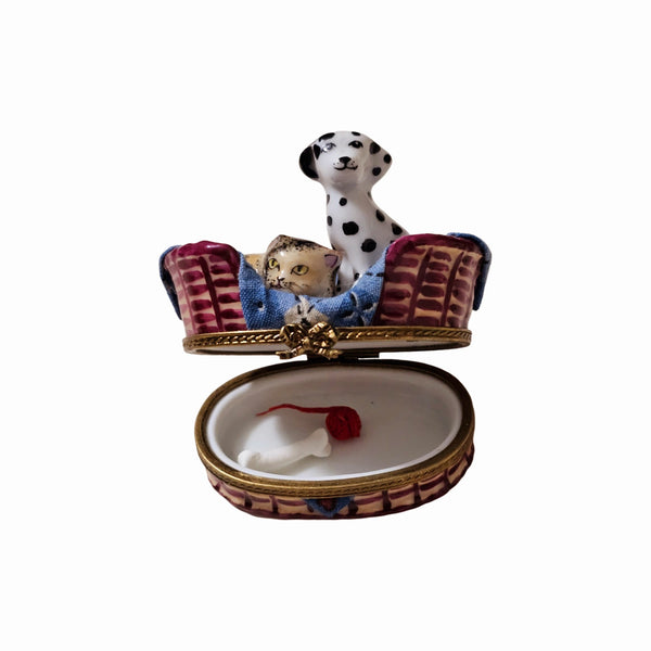 Dalmatian Dog w Cat in Basket w Trinkets Authentic Limoges Box