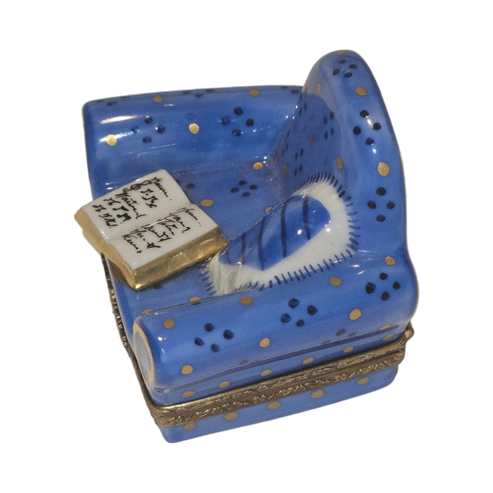 Fine French craftsmanship on the Blue Comfy Chair with Book Limoges box, painted by hand