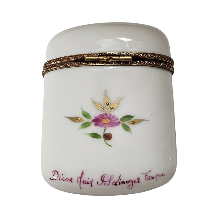 Artisan-painted Madame Pompadour Tall Flat with Pink Flowers Limoges box from France, a cherished collectible