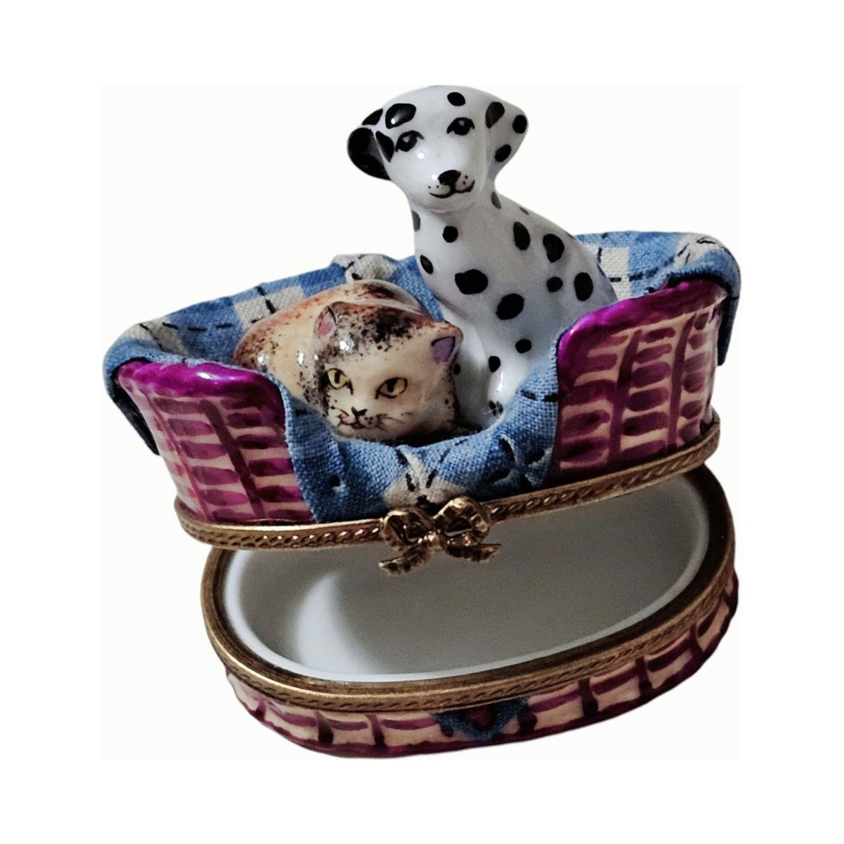 Dalmatian Dog with Cat in Basket with Trinkets Limoges box, an heirloom-quality piece for collectors