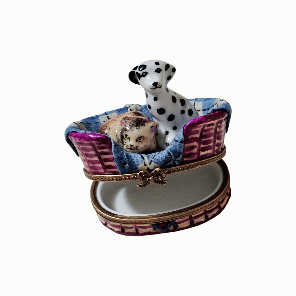 Dalmatian Dog w Cat in Basket w Trinkets Authentic Limoges Box