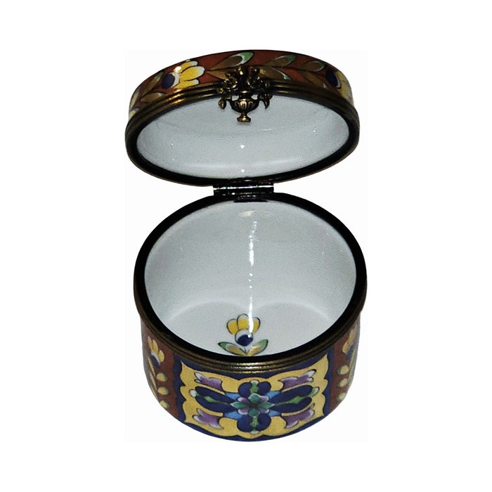Treasured French collectible: Tall Snazzy Colorful Round Limoges box, painted by hand