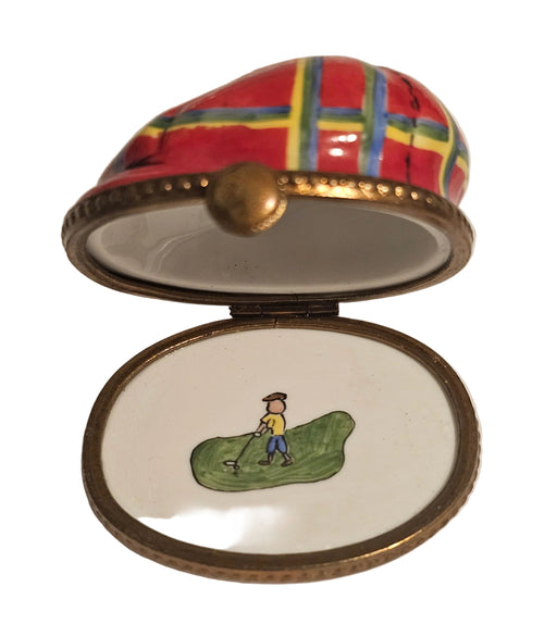Red Plaid Golf Hat Limoges Box Figurine Authentic Limoges Box