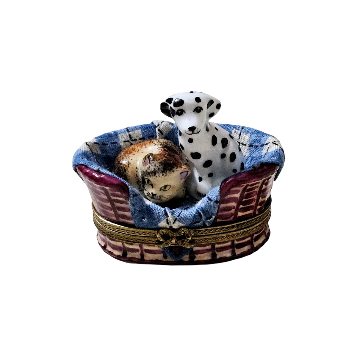 Dalmatian Dog w Cat in Basket w Trinkets Authentic Limoges Box