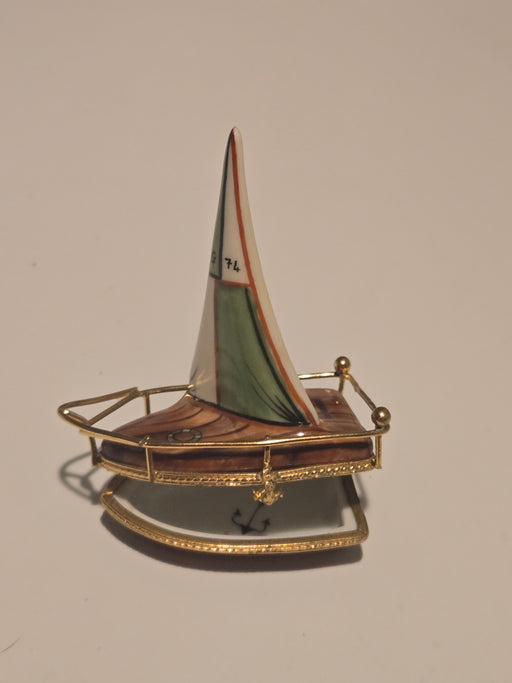 Brown Sailboat w Brass Limoges Box Hand-Painted Limoges Box Authentic Limoges Box