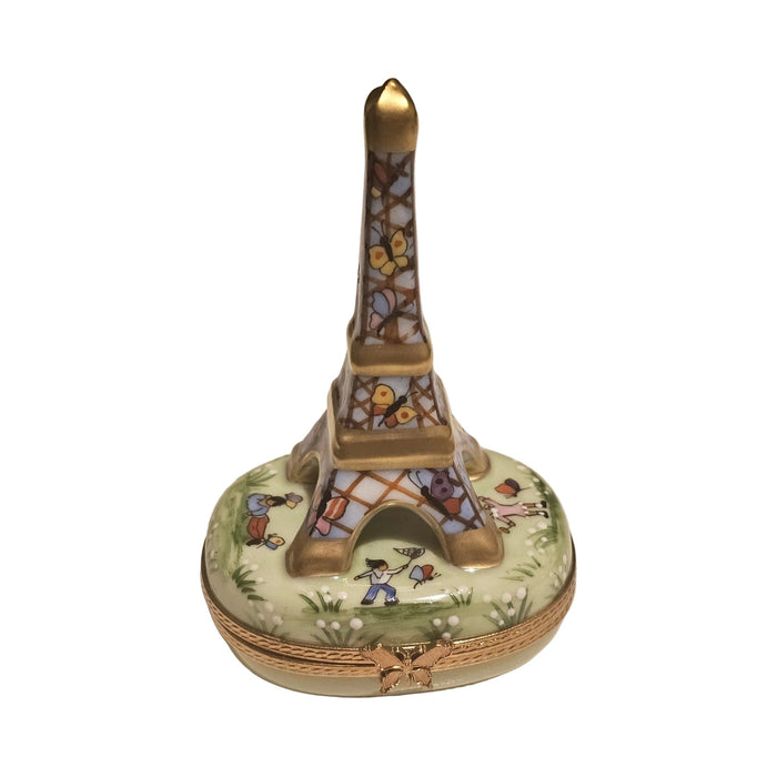 Painted details on the White Eiffel Tower with Balloons Limoges box, French art in miniature
