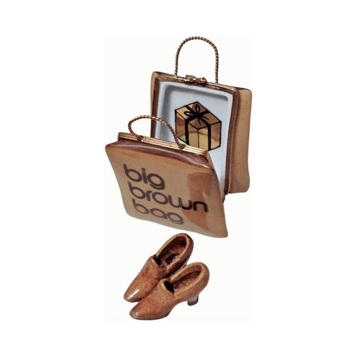 The painter's artistry shows on this Big Brown Shopping Bag with Brown Shoes Limoges box