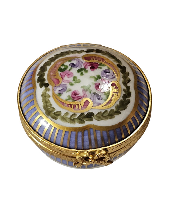 Small Periwinkle Stripes and Roses Round Box for Collectors