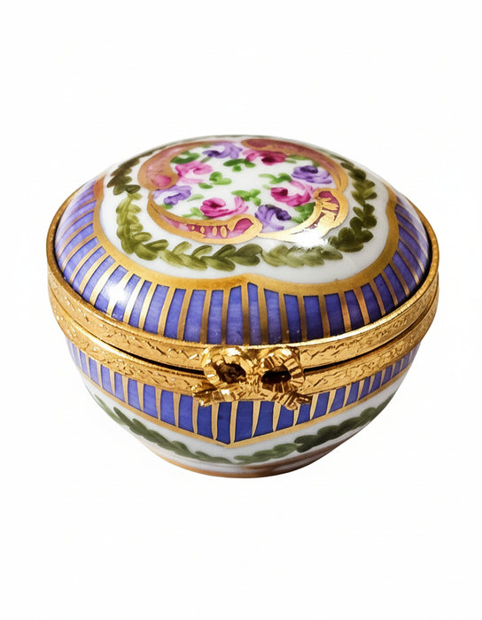 Small Periwinkle Stripes and Roses Round Box for Collectors