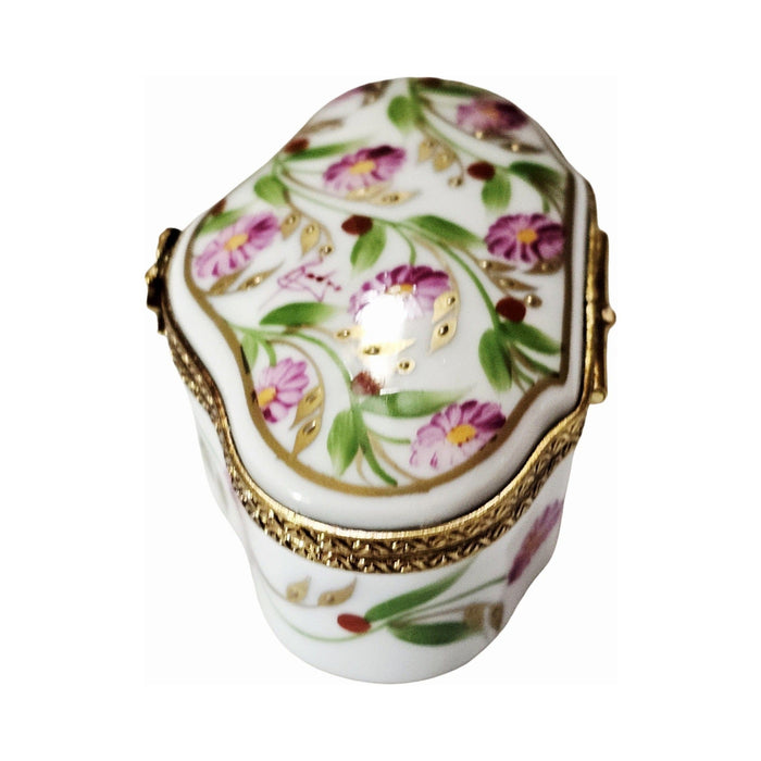 Painted details on the Madame Pompadour Shaped Pink Flowers Main Limoges box, French art in miniature