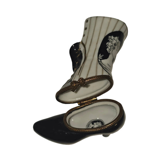 A thoughtful gift for Francophiles: the White Black Striped Victorian Boot Limoges box