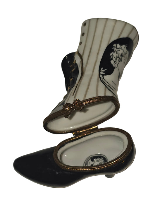 White Black Striped Victorian Boot Authentic Limoges Box