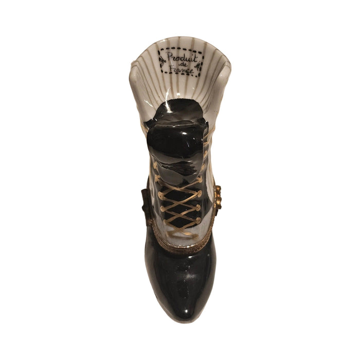 The painter's artistry shows on this White Black Striped Victorian Boot Limoges box