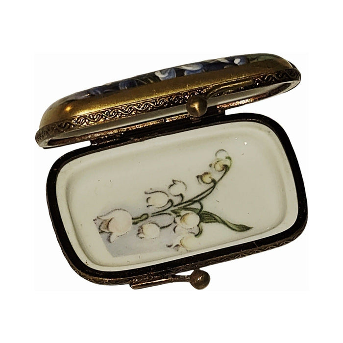 Painted details on the Forget me not flowers on rectangle Limoges box, French art in miniature