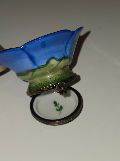 Large Blue Open Flower w Bee Authentic Limoges Box