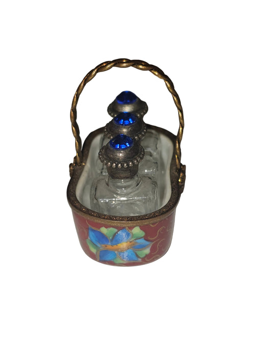 3 Perfumes in Maroon Basket Limoges Trinket Box