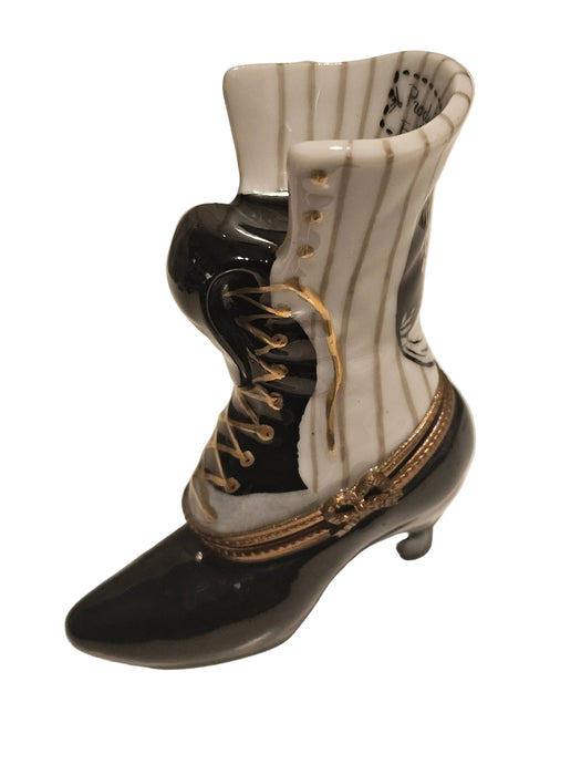 White Black Striped Victorian Boot Authentic Limoges Box
