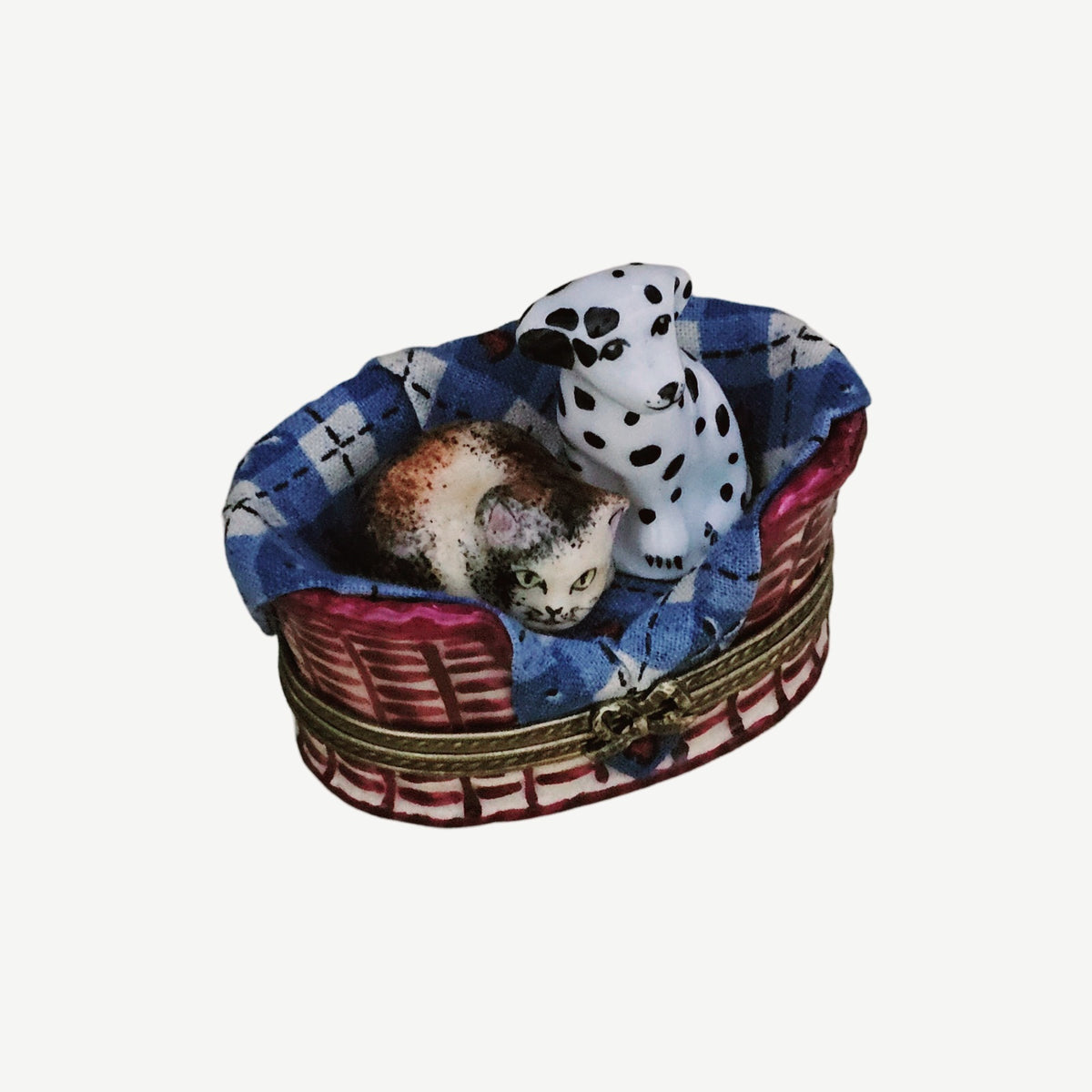 Dalmatian Dog w Cat in Basket w Trinkets Authentic Limoges Box