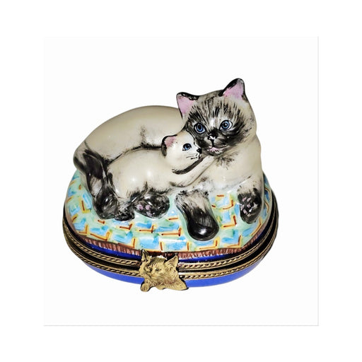 Limoges Boutique presents the Siamese Cat with Kitten, a genuine Limoges box painted by hand in France