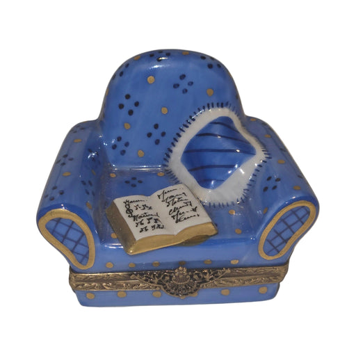 Genuine Blue Comfy Chair with Book Limoges box painted by hand in France, from Limoges Boutique