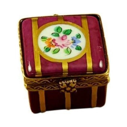 Authentic Rochard Small Burgundy Square Gold Stripes Flowers Limoges box, hand-painted in France, from Limoges Boutique