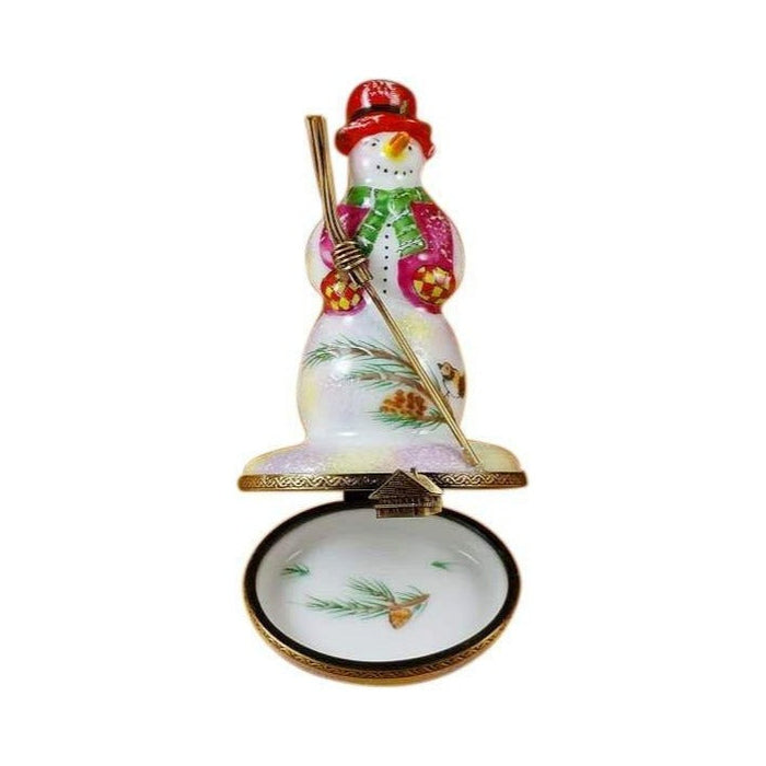 Artisan-painted Snowman Red Hat Broom Limoges box from France, a cherished collectible