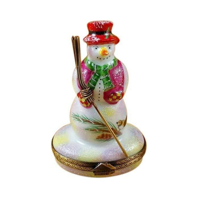 Snowman Red Hat Broom by Rochard, an authentic French Limoges box for Christmas from Limoges Boutique